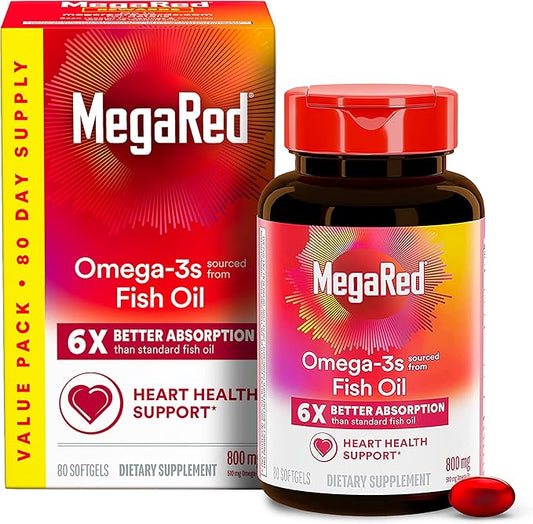 MegaRed Omega 3 Fish Oil Supplement 800mg (per 6X Absorption 3 Fatty (80cnt Box),