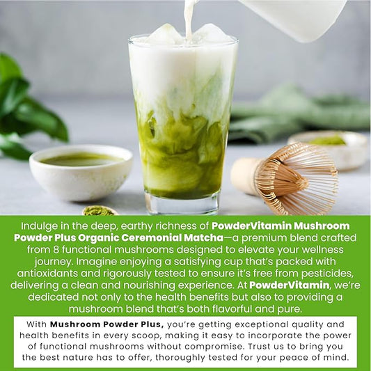 Organic Ceremonial Mushroom Matcha Certified Pesticide-Free Grass-Fed Collagen Types I & III, 8 Fruiting Body Mushrooms Tested for Beta-Glucans Focus Digestion & Immunity 15 Servings