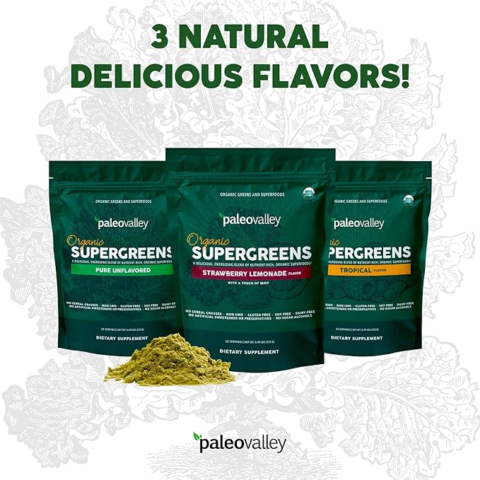 Paleovalley Organic Supergreens Powder - 23 Superfoods with Prebiotic Fiber for Energy and Immunity Support - No Cereal Grasses for Maximum Absorption - Pure Unflavored, 30 Servings