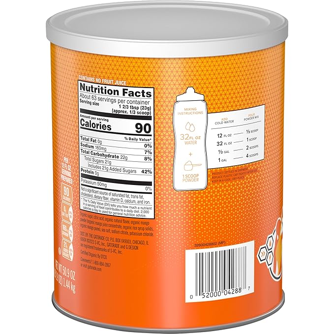 Gatorade G ESSNTL Organic Thirst Quencher Powder, Mango, 50.9oz Canister (Pack of 3)