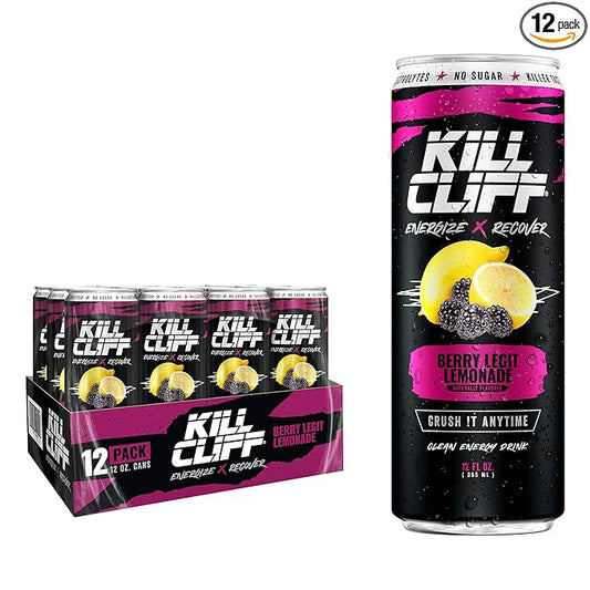 Kill Cliff Recovery Energy Drink, Berry Legit Lemonade, Sugar & Gluten Free Drinks, Green Tea, Electrolytes and Natural Caffeine for Clean Energy, Hydration & Recovery, Post or Pre Workout, 12 Pack