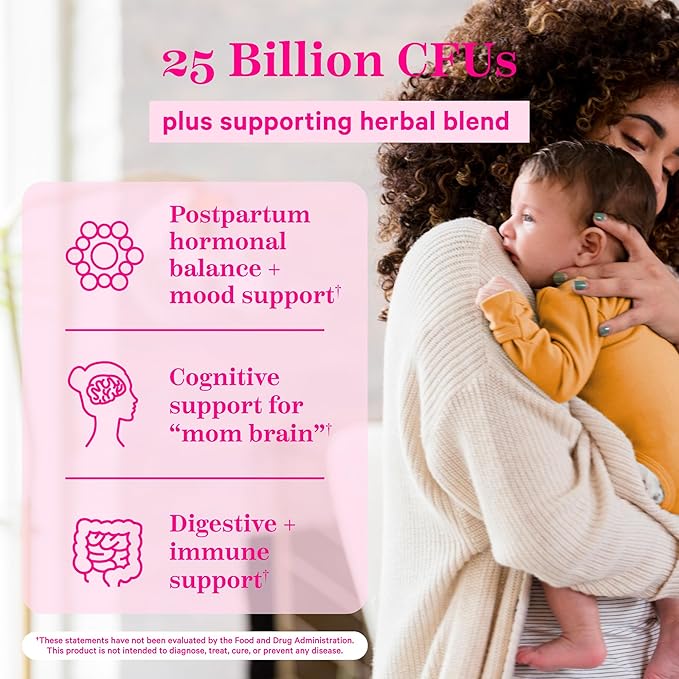 Pink Stork Probiotics for Postnatal Women - 30 Billion CFUS with Ashwagandha and Chamomile, Postpartum Essentials for Hormone Balance, Mood Support, Gut Health, Digestive Wellness, 30 Capsules