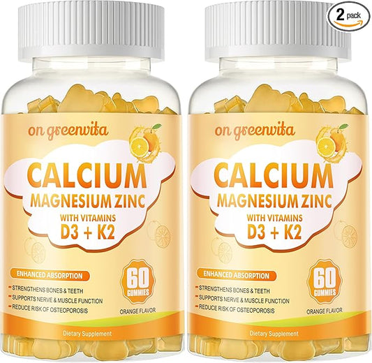Calcium Magnesium Zinc Gummies with Vitamin D3 & K2 - High Potency Enhanced Absorption -120 Orange Gummies Flavored