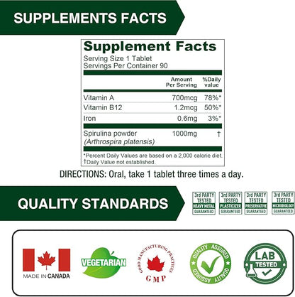 Lovita Organic Spirulina 1000mg per Tablet, Natural Multivitamin Superfood, 100% Vegan Spirulina Tablets, Non-Irradiated, 90 Vegetarian Tablets (Pack of 3)
