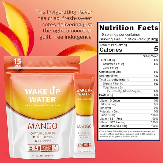 Energy + Hydration Sugar Free 15 Packs, Mango Flavor - Energy Drink Powder, Electrolytes Powder Drink, Natural Caffeine Mix Packet, B Vitamins, 5 Calories, Gluten Free - .10 oz (2.9g)