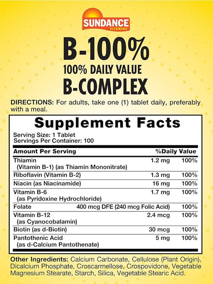 Sundance Vitamin B-Complex 100% Daily Value 100 Tablets