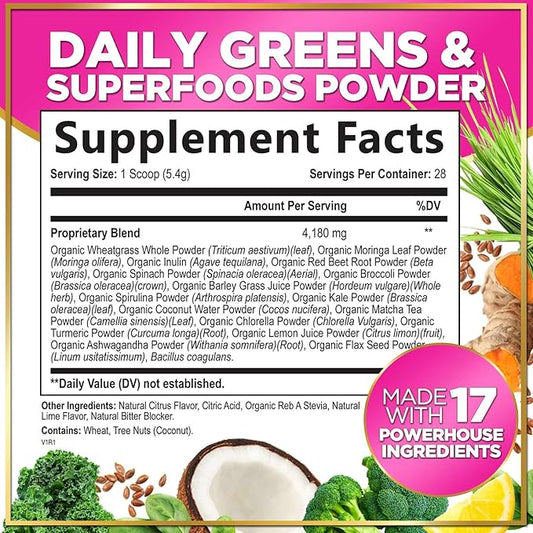 Green Powder Superfood, Organic Super Greens Powder Juice & Smoothie Drink Mix, Gut Health & Bloating Support, Probiotics, Spirulina, Chlorella & Beet Root for Digestive & Energy Support - 28 Servings
