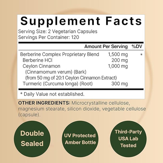 2 Pack Berberine Supplement 1500mg, 480 Veggie Capsules | Plus 1000mg True Ceylon Cinnamon & 300mg Turmeric – 97% Berberine HCL – Plant-Based, Vegan, Non-GMO