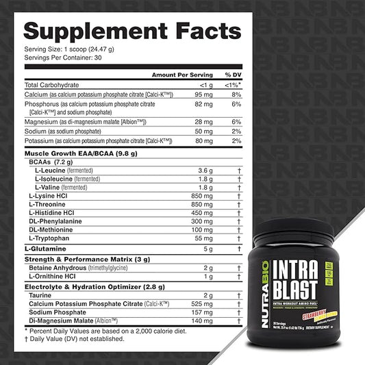 NutraBio Intra Blast BCAA EAA Electrolyte and Hydration Powder - Amino Acid Supplement, EAA/BCAA Powder - Non-GMO and Gluten Free - Strawberry Lemon Bomb - 30 Servings