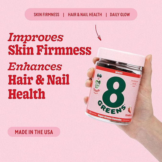8Greens Supergreens Beauty Gummies with Collagen & Biotin | Super Greens Powder Superfood Gummy for Healthy Skin, Hair, Nails, Glow, and Firmness, Superfood Booster, Strawberry Flavored, 150 Count
