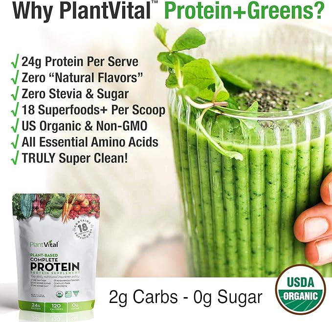 Plantvital Unflavored Organic Vegan Protein Powder 18 Superfoods, 16oz (Pack 2)