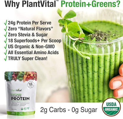 Plantvital Unflavored Organic Vegan Protein Powder 18 Superfoods, 16oz (Pack 2)