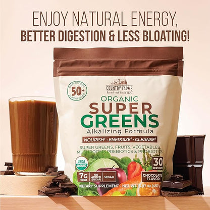 Country Farms Super Greens Chocolate Flavor, 50 Organic 30 Servings