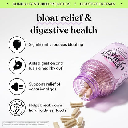 Lemme Debloat 3-in-1 Prebiotic, Probiotic & Digestive Enzyme Capsules for Bloating & Gas Relief - 2 Clinically Studied Probiotics w/5 Digestive Enzymes to Improve Digestion, Women & Men, Vegan, 60 ct