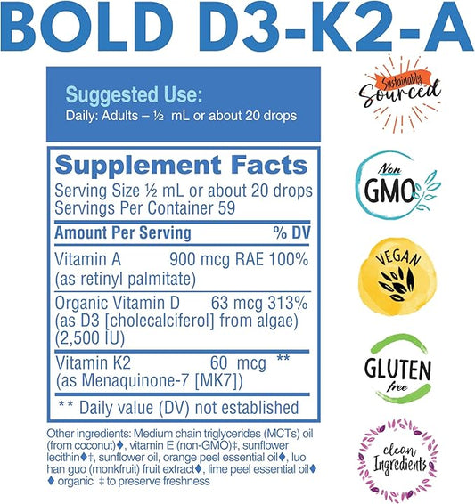 D3-K2-A, Liquid Vitamin Complex, Vegan Vitamin D3 from K2 (MK7) (MK7) and 1 FL (30mL)