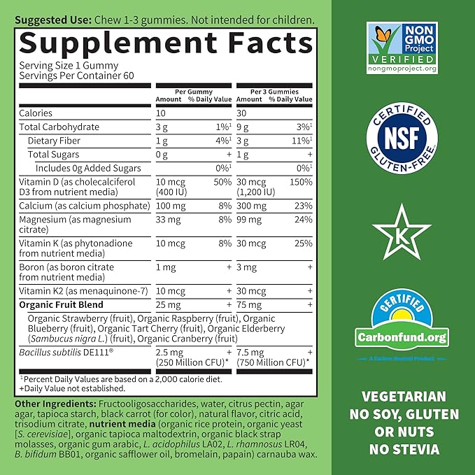 Calcium Magnesium Gummies with D3 & K2, Supports 60 Raspberry 30 Day