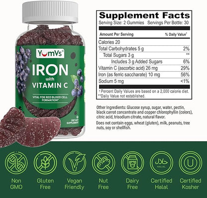 VumVs Iron Gummies for Women and Men - Grape Flavor - 10 mg Chewable Iron Supplement for Women Gummies with Vitamin C - Kosher, Gluten Free - Blood Builder Iron Supplement Gummies (60 Count), 2 Pack