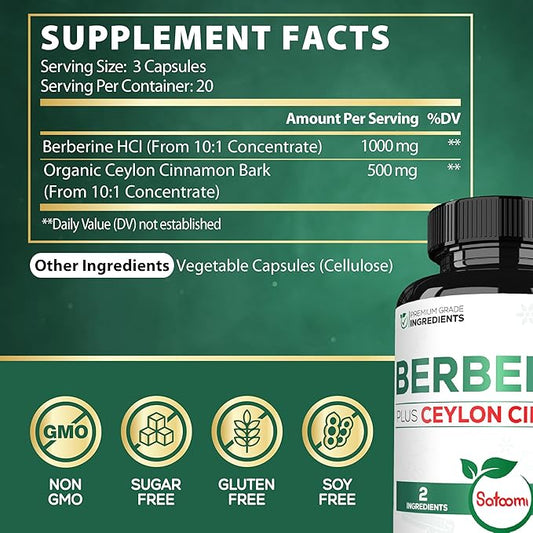 1500mg Berberine with Ceylon Cinnamon Supplement 60 Capsules