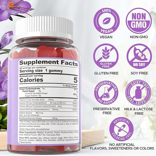 Saffron Gummies - Saffron Supplement Gummies 100% Pure Saffron Extract Whole Herb Gummies with Honey for Mood & Power, Vitamin B6, B12, D3, C - Sugar Free - Organic, Vegan, Mixed Berry Flavor - 60Cts