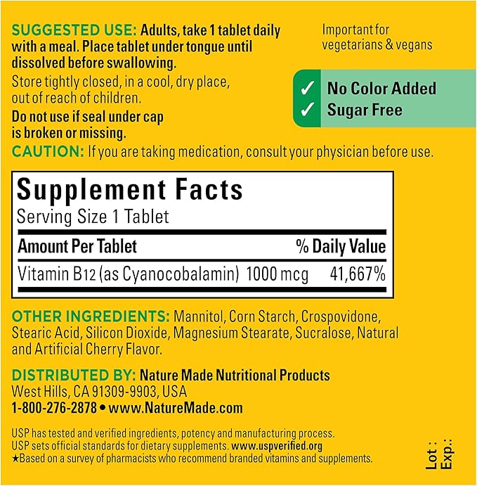 Nature Made Vitamin B12 1000 mcg, Easy to Take Sublingual B12 for Energy Metabolism Support, 50 Sugar Free Fast Dissolve Tablets, 50 Day Supply