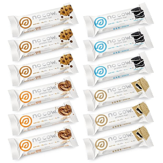 No Cow High Protein Bars, Original Variety Pack - Healthy Snacks, 20g Vegan Protein, High Fiber, Low Sugar, Keto Friendly, Dairy & Gluten Free (12 Count)