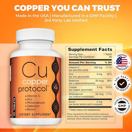 Mineral Supplement Tablets with Copper, Zinc, Vitamin C, Selenium, Boron, and Molybdenum - 90 Tablets/Bottle