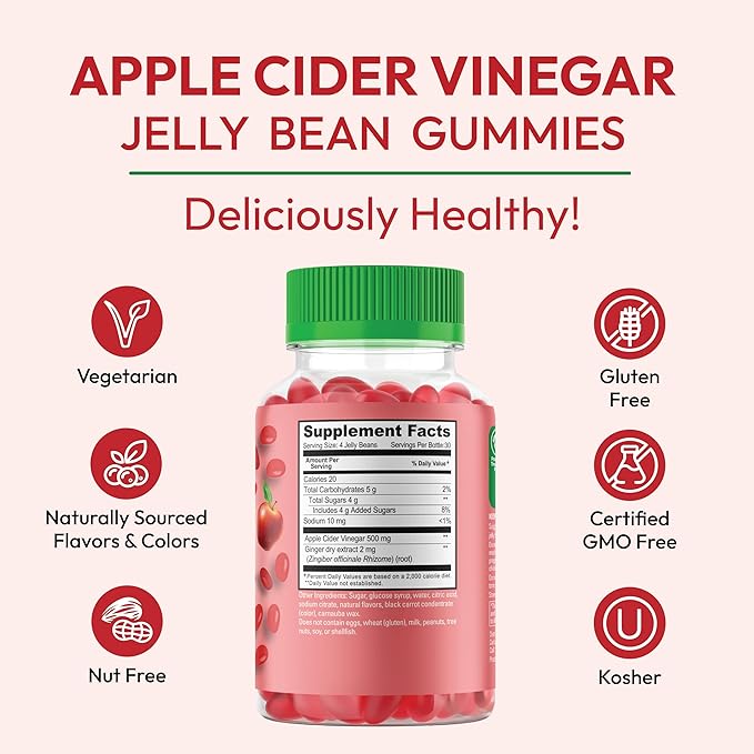 Apple Cider Vinegar Jelly Bean Gummies with The Mother and Ginger, Vegetarian Dietary Supplements for Men and Women, Digestive Health Support, 120 Apple Blast Jelly Beans, Kosher