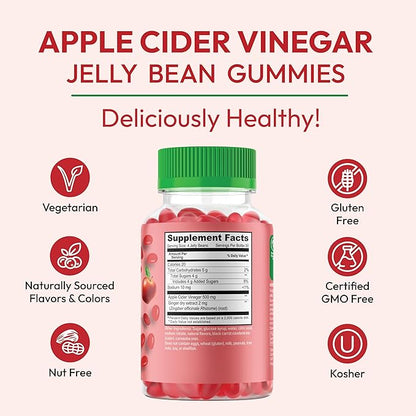 Apple Cider Vinegar Jelly Bean Gummies with The Mother and Ginger, Vegetarian Dietary Supplements for Men and Women, Digestive Health Support, 120 Apple Blast Jelly Beans, Kosher