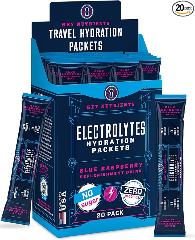 KEY NUTRIENTS Electrolytes Powder Packets - Delicious Blue Raspberry 20 Pack Hydration Packets - Travel Hydration Powder - Made in USA - No Sugar, No Calories, Gluten Free