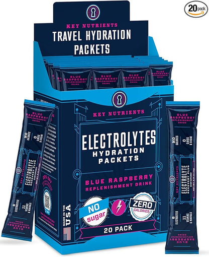 KEY NUTRIENTS Electrolytes Powder Packets - Delicious Blue Raspberry 20 Pack Hydration Packets - Travel Hydration Powder - Made in USA - No Sugar, No Calories, Gluten Free