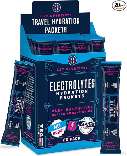 KEY NUTRIENTS Electrolytes Powder Packets - Delicious Blue Raspberry 20 Pack Hydration Packets - Travel Hydration Powder - Made in USA - No Sugar, No Calories, Gluten Free