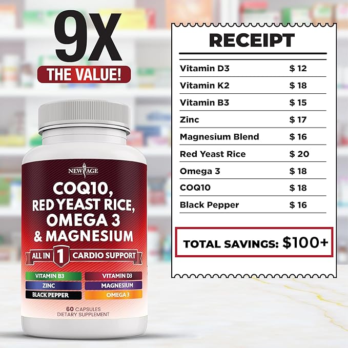NEW AGE COQ10 200mg Red Yeast Rice 3000mg Omega 3-6-9 3000mg Magnesium Complex 500mg Zinc Vitamin K2 D3 - Heart Health Support Vitamins for Women and Men with Vitamin B3, Coenzyme Q10-60 Count