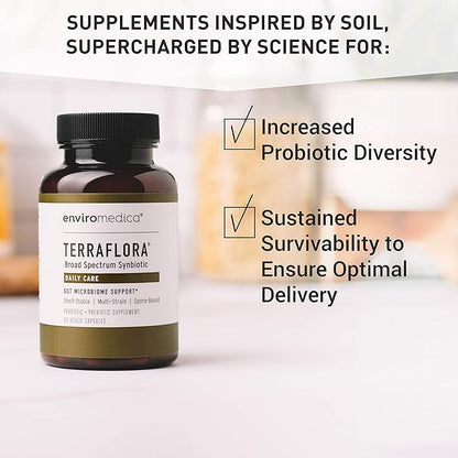 Terraflora Daily Care synbiotic of probiotics and prebiotics for Women and Men 60 ct, Soil Based, Shelf Stable, allergen Friendly Spore Based Supplement Capsules Promote Gut Health by Enviromedica