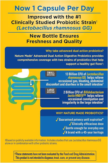Nature Made Digestive Probiotics Advanced Dual Action, Probiotics for Women and Men, 30 Probiotic Capsules, 30 Day Supply