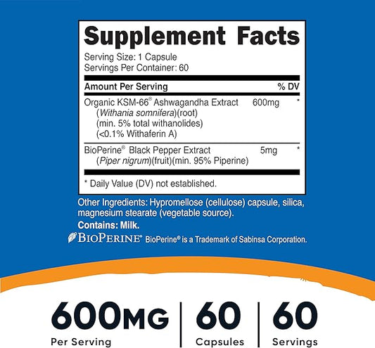 Nutricost KSM-66 Ashwagandha Root Extract 600mg, 60 Veggie Caps (3 Bottles) - 5% Withanolides - with BioPerine