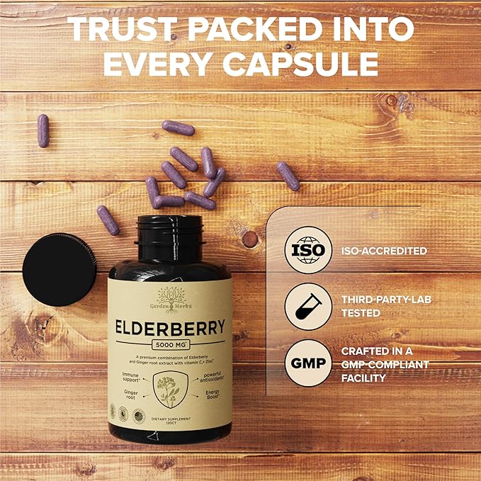 Elderberry with Vitamin C, Zinc, & Ginger – Potent Immune Booster 5000 Mg Elderberry, Zinc, & Vitamin C – Non-GMO Immunity Vitamins for Adults to Help You Feel Vibrant, 120 Caps