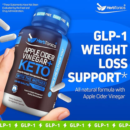 Herbtonics Apple Cider Vinegar with Keto BHB Salts - GLP-1 Support Supplement | Keto Diet Pills for Women & Men | Supports Appetite & Metabolic Function | 120 Keto ACV Capsules