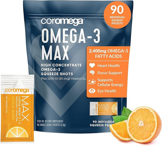 Coromega MAX High Concentrate Omega 3 2400mg Omega-3s Omega-3s with 3X Better 90 Single