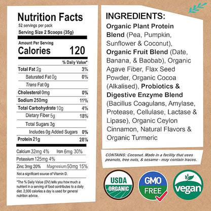 EarthChimp Organic Vegan Protein Powder 52 Servings 64 Oz