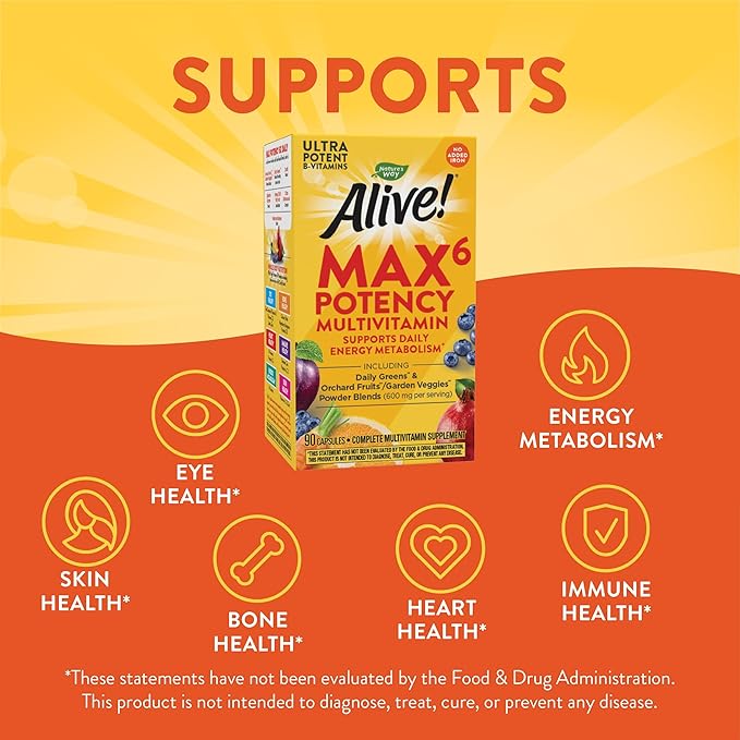 Nature's Way Alive! Max6 Potency Multivitamin, B12 & 90 Capsules