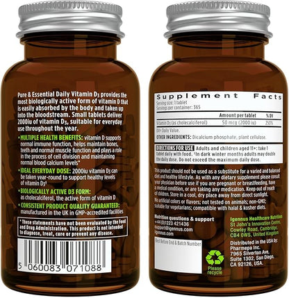 Pure & Essential Daily Vegetarian Vitamin D3 2000iu, 2000iu, Cholecalciferol, 365 Small 1-A-Day 1-Year 1-Year Supply,