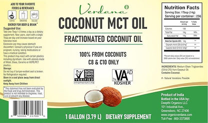 Verdana Coconut MCT Oil, Fractionated, Genuine 100% Coconut Derived, Kosher Food Grade, Vegan, NON-GMO, Great for Keto and Paleo Diet, Ayurvedic Oil Pulling Oral Rinse Mouthwash (1 Gallon)
