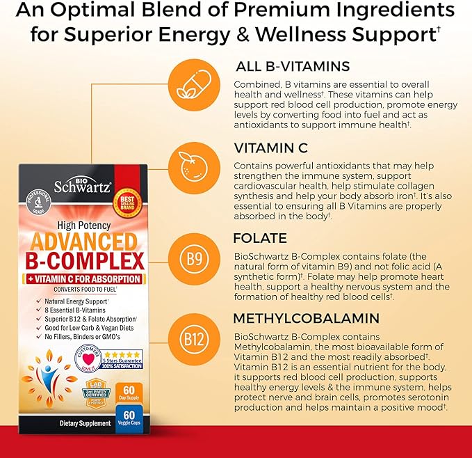 Vitamin B Complex with Vitamin C b12 & B1 B2 B2 B3 B3 B5 B5 B6 B6 B7 B7 B9 B9 for -60ct