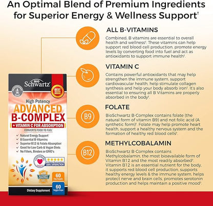 Vitamin B Complex with Vitamin C for Maximum Absorption - Methylcobalamin b12 & Folate Folic Acid Supplement - Vitamins B1 B2 B3 B5 B6 B7 B9 for Immune Energy & Nervous System Support - Non-GMO -60ct
