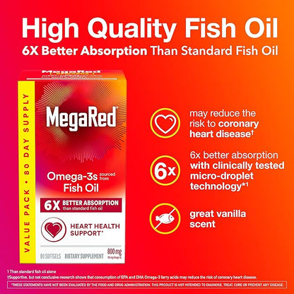 MegaRed Omega 3 Fish Oil Supplement 800mg (per 6X Absorption 3 Fatty (80cnt Box),