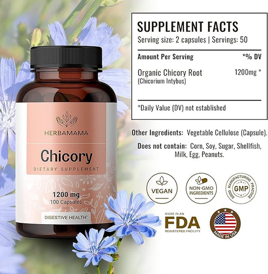 HERBAMAMA Organic Chicory Root Supplement 100 Capsules