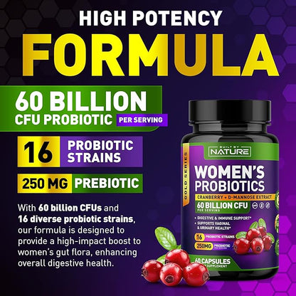 Probiotics for Women - 60 Billion CFUs, 16 Strains, with Cranberry, D-Mannose & Prebiotics - Supports Digestive, Immune, & Vaginal Health - Non-GMO, Dairy & Gluten-Free - 60 Veggie Capsules