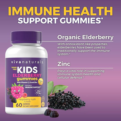 Viva Naturals 8in1 Elderberry Gummies for Kids with Vitamin C, D and Zinc - 60 Sugar Free Kids Immune Support Black Elderberry Gummies - Elderberry Vitamin C and Zinc Immune Support Supplement