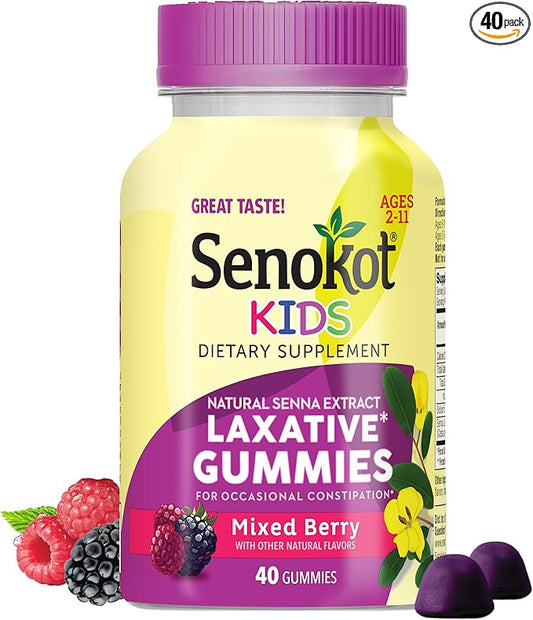 Senokot Kids Mixed Berry Laxative Gummies for Age 2+, Senna Extract for Gentle, Overnight Relief from Occasional Constipation, 40 ct
