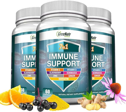 7 in 1 Immune Support Supplement with Vitamin C, D3, Zinc 50mg, Quercetin, Echinacea Purpurea, Sambucus Elderberry and Ginger for Complete Immune Defense - 60 Capsules (3 Bottles)